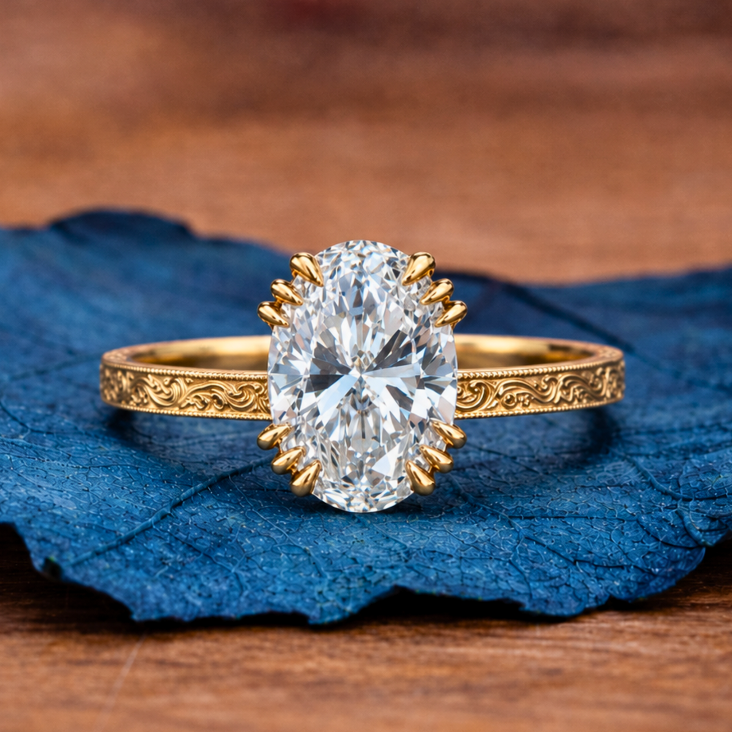 oval lab grown engagement ring gold engraved band vintage claw prong solitaire ring