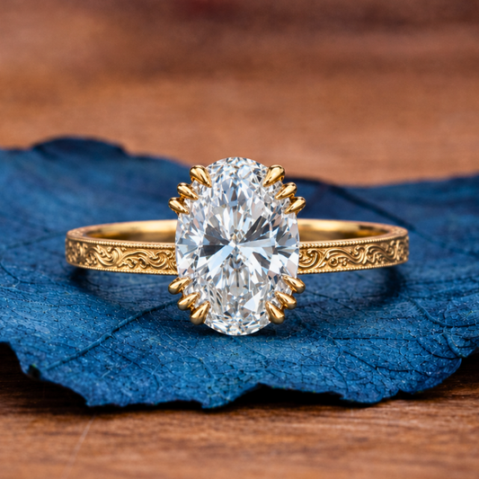 Oval Moissanite Engagement Ring Gold Engraved Band Vintage Claw Prong Solitaire Ring