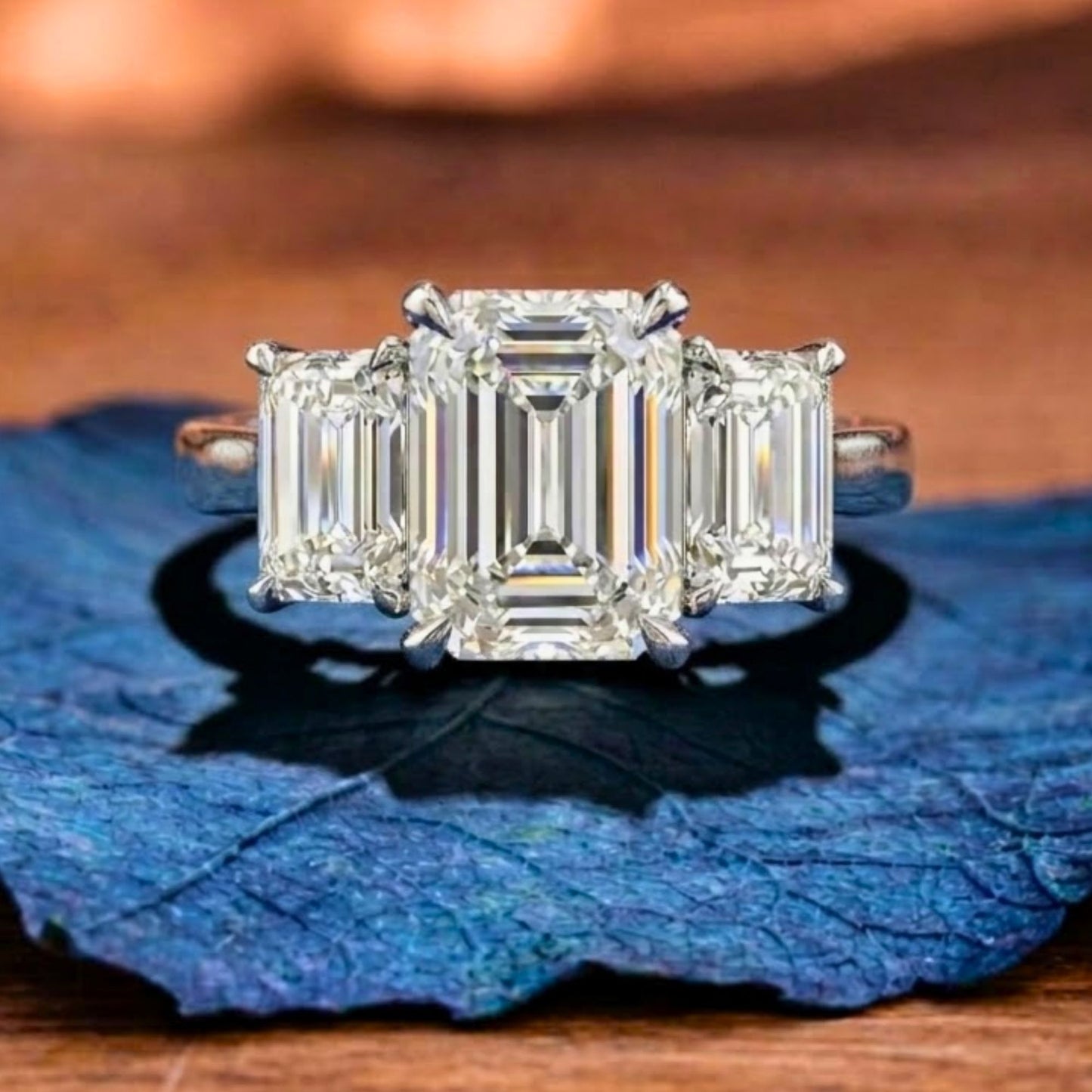 emerald cut three stone lab grown  engagement ring trio diamond ring gold wedding ring past present future ring anniversary ring