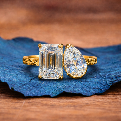 4.50 TCW Vintage Toi Et Moi  Emerald And Pear Lab Grown Art Deco Engagement Ring Gold you And Me Ring