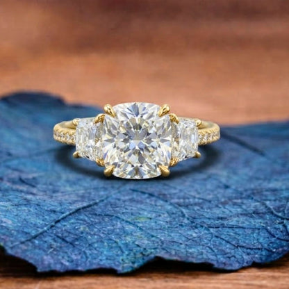 Cushion Three Stone Cut Lab Grown Engagement Ring Hidden Halo Solid Gold Wedding Ring Past Present Future Ring Anniversary Ring