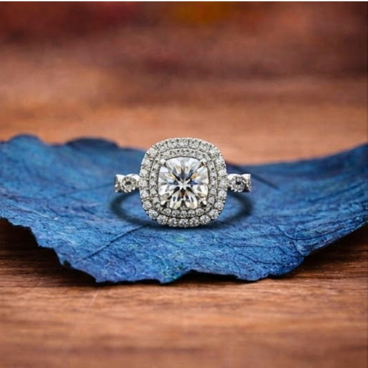 Round Cut Moissanite Ring Round Double Halo Engagement Ring Tulip Set Twisted Band Ring White Gold Wedding Ring  Anniversary Ring
