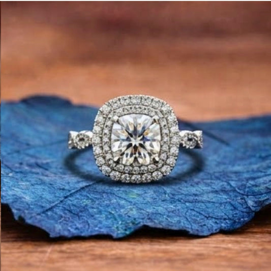Round Cut Moissanite Ring Round Double Halo Engagement Ring Tulip Set Twisted Band Ring White Gold Wedding Ring  Anniversary Ring