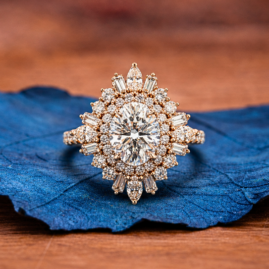 Starburst Oval Cut Moissanite Engagement Ring Halo Set Vintage Ring Rose Gold Wedding Ring Anniversary Ring Handmade Promise Ring