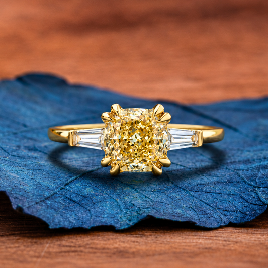 Canary Yellow Cushion Cut Moissanite Ring Cushion Three Stone Engagement Ring Double Claw Prong Gold Wedding Ring Anniversary Ring