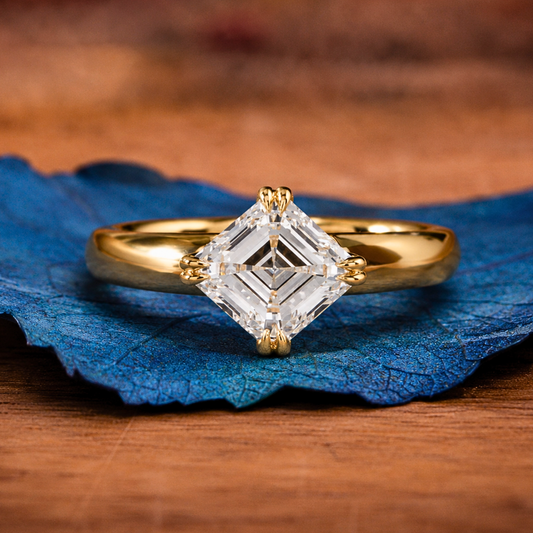 East West Asscher Cut Moissanite Engagement Ring Double Claw Prong Gold Solitaire Ring Horizontal Ring Wedding Ring Promise Ring