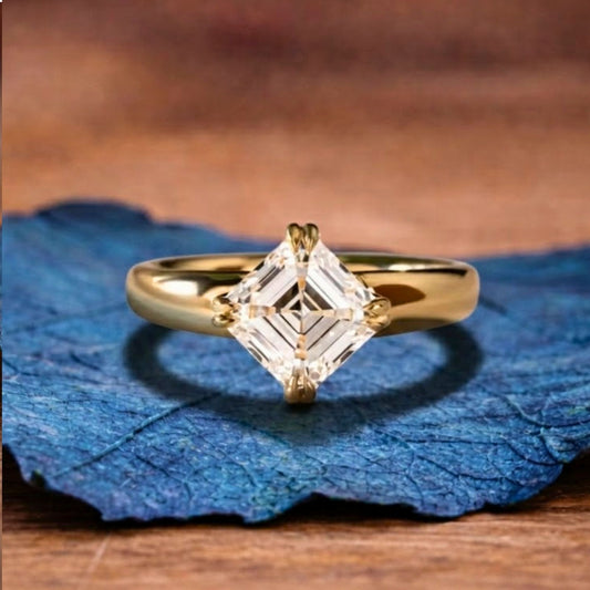 East West Asscher Cut Moissanite Engagement Ring Double Claw Prong Gold Solitaire Ring Horizontal Ring Wedding Ring Promise Ring
