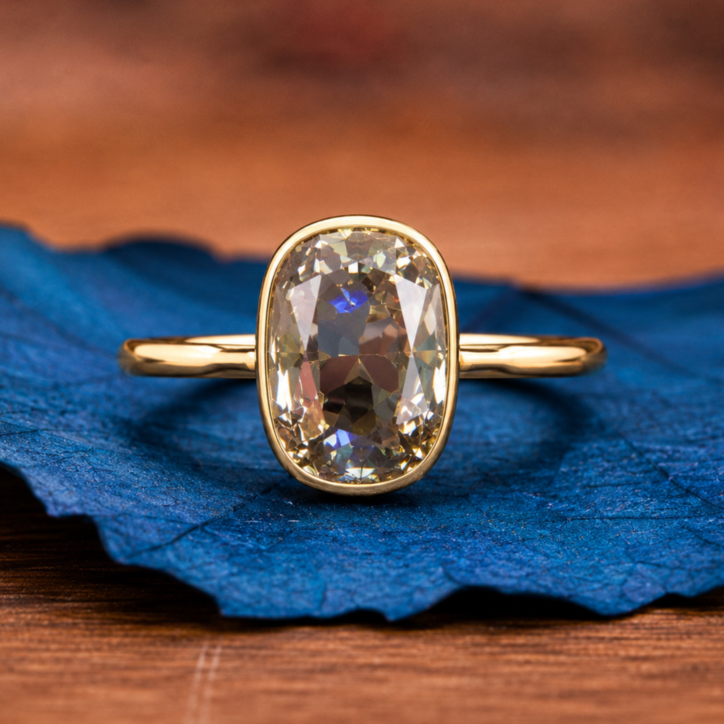 old mine brown elongated cushion engagement ring bezel set lab grown vintage ring wedding ring anniversary ring