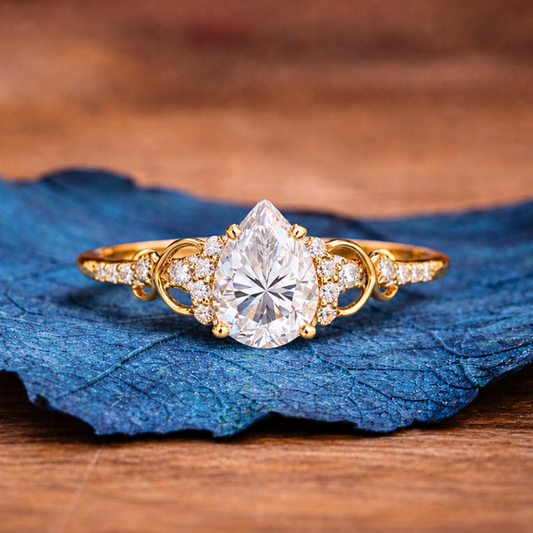 Art Deco Pear Lab Grown Engagement Ring  Gold Vintage Cluster Ring Wedding Ring For Women Nature Inspired Anniversary Ring