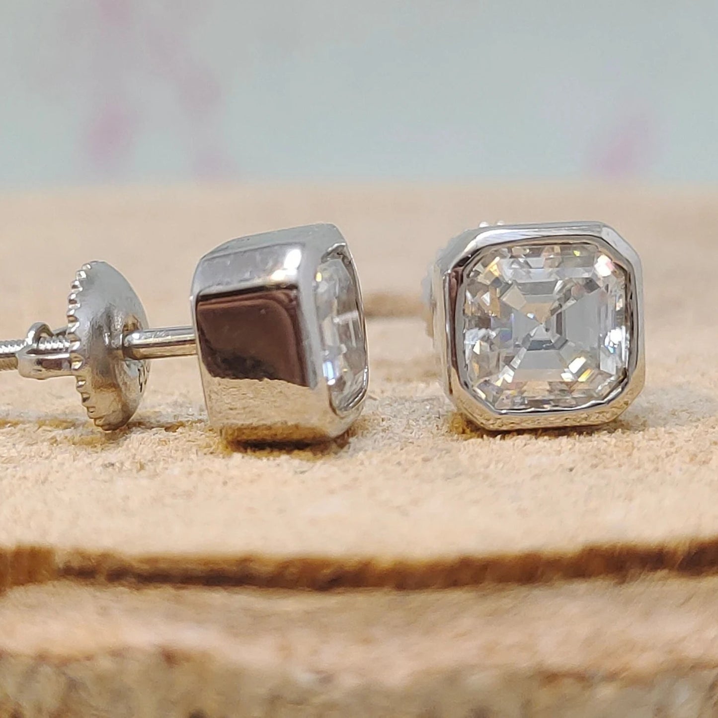 2.00 tcw asscher cut lab grown diamond stud earrings classic bezel set minimalist jewelry gift