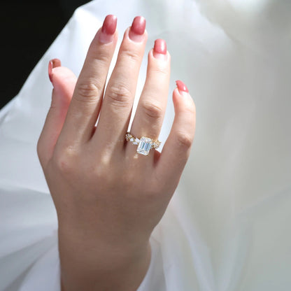 Emerald Cut Lab Grown Engagement Ring Hidden Halo Ring  Wedding Rings For Women Anniversary Ring Promise Gift For Her