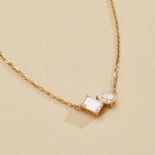 1.25 TCW Emerald and Pear Toi Et Moi Gold Necklace, Two Stone Lab Diamond Pendant