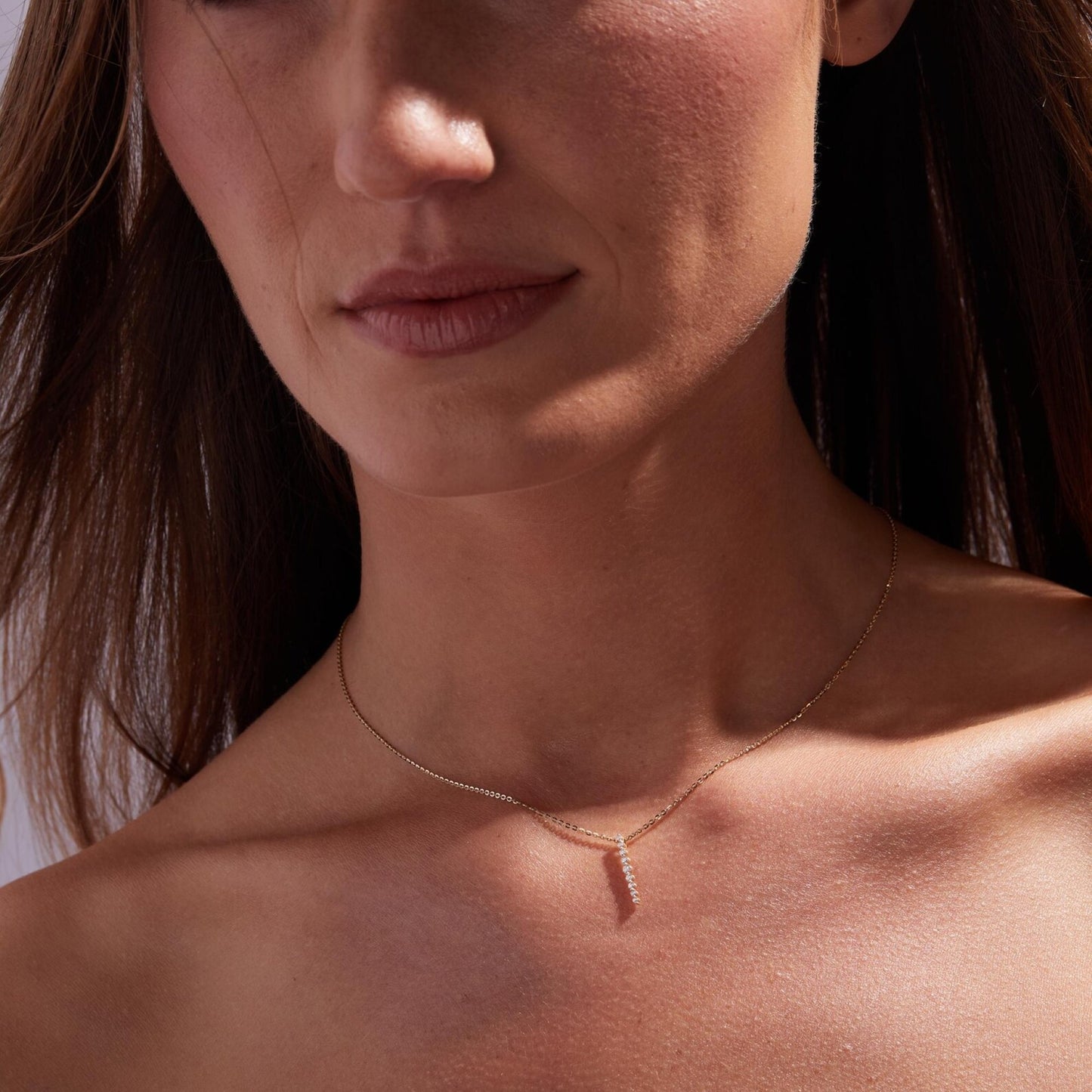 0.20 tcw round moissanite diamond gold necklace, dainty vertical pendant jewelry gift