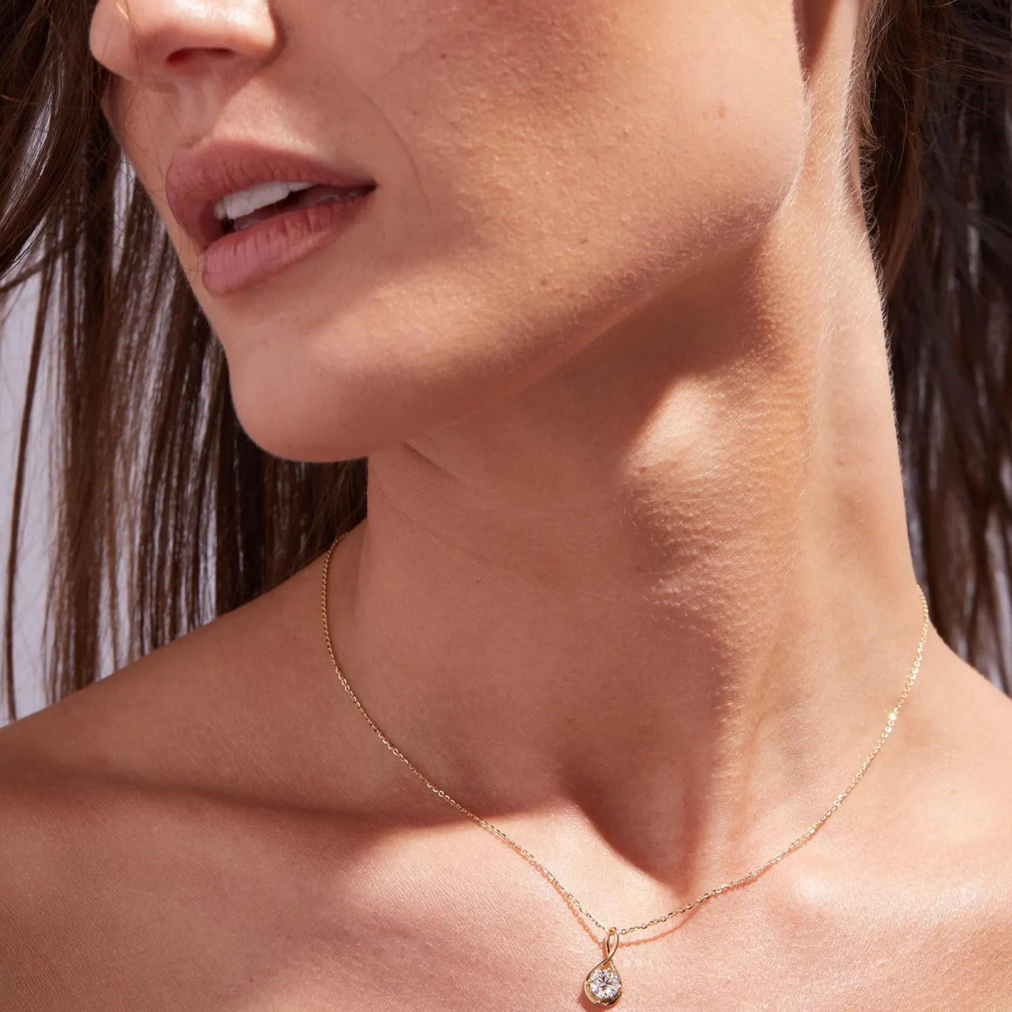 0.50 ct round moissanite diamond gold necklace, solitaire pendant, minimalist twist design, dainty wedding gift jewelry