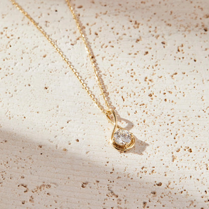 0.50 CT Round Moissanite Diamond Gold Necklace, Solitaire Pendant, Minimalist Twist Design, Dainty Wedding Gift Jewelry