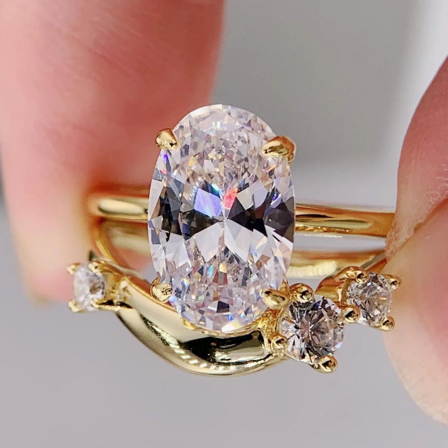oval moissanite diamond engagement ring set  moissanite wedding ring set  anniversary ring set for women
