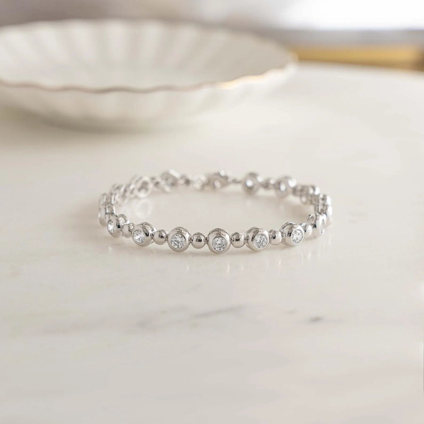 5.80 tcw round cut moissanite diamond bezel link bracelet, solid gold minimalist tennis jewelry gift