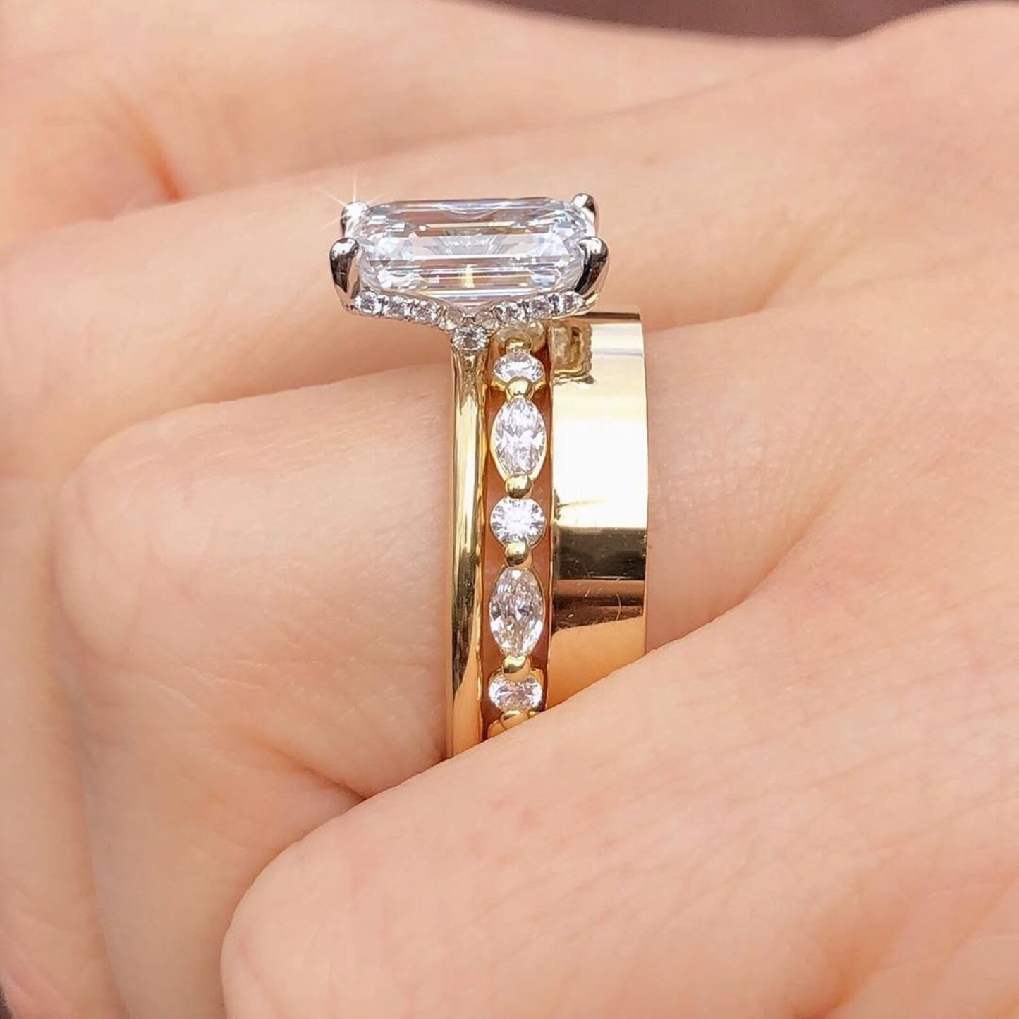 emerald cut lab grown engagement ring set radiant bridal set  wedding ring set anniversary ring with two matching band