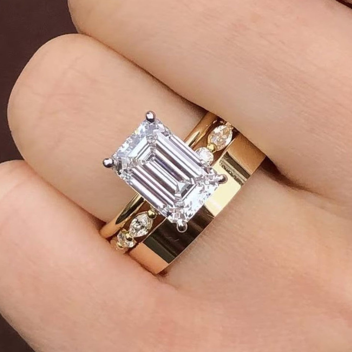 emerald cut lab grown engagement ring set radiant bridal set  wedding ring set anniversary ring with two matching band