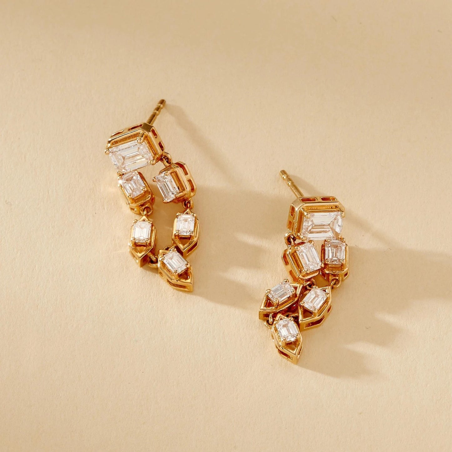 2.10 tcw emerald cut moissanite diamond gold drop earrings