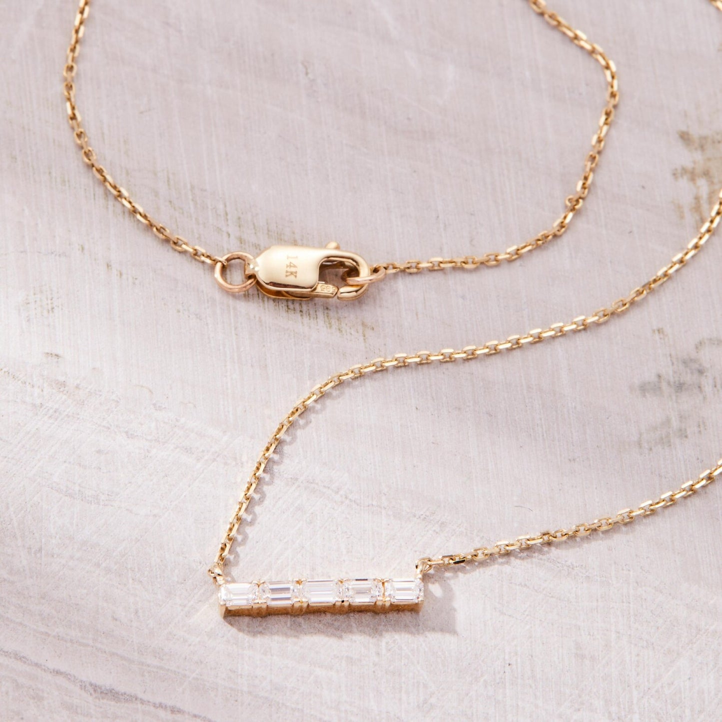 0.40 ct baguette moissanite diamond bar necklace gold minimalist pendant