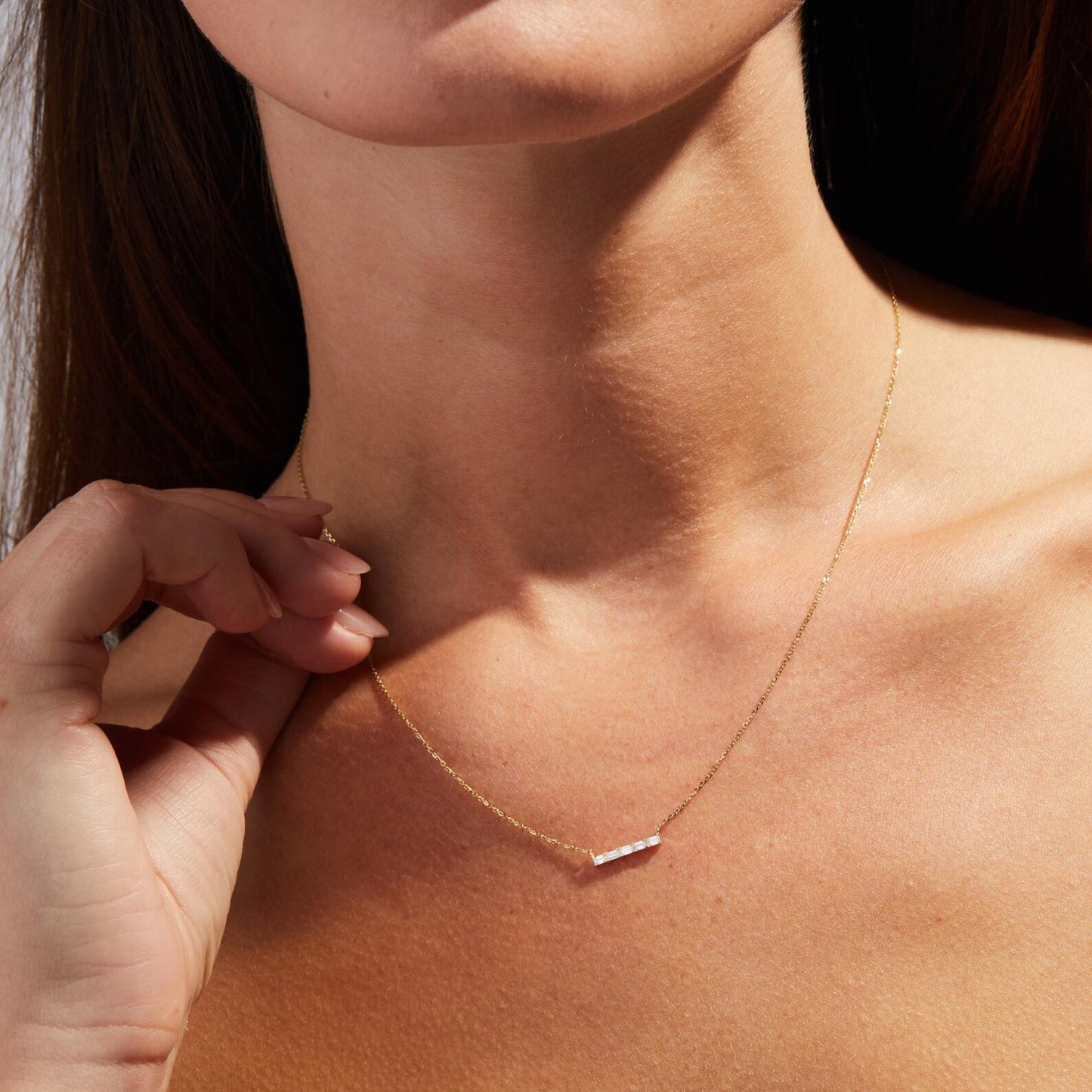 0.40 ct baguette moissanite diamond bar necklace gold minimalist pendant