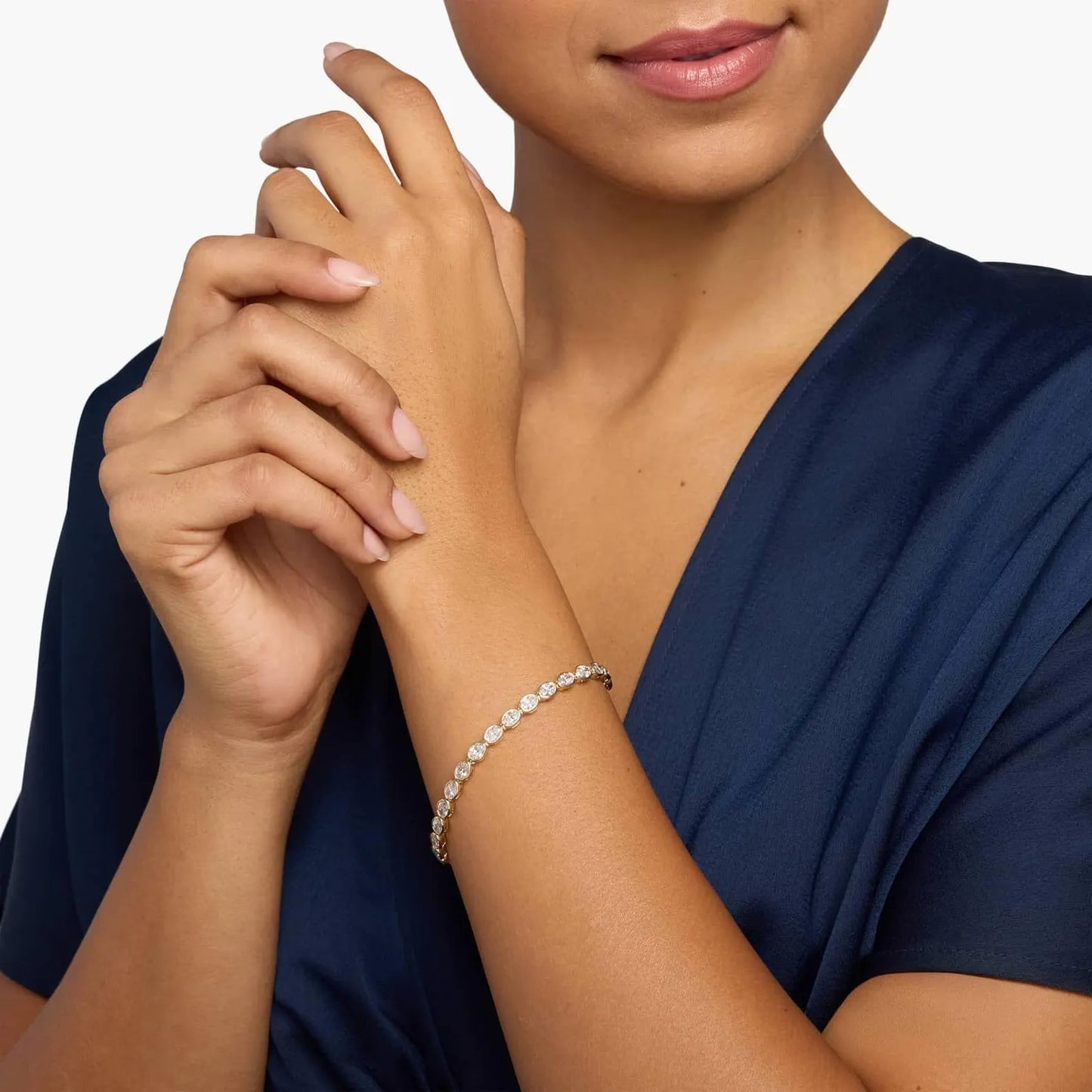 7.80 tcw oval cut moissanite diamond tennis bracelet, with bezel set elegant gold diamond style bracelet