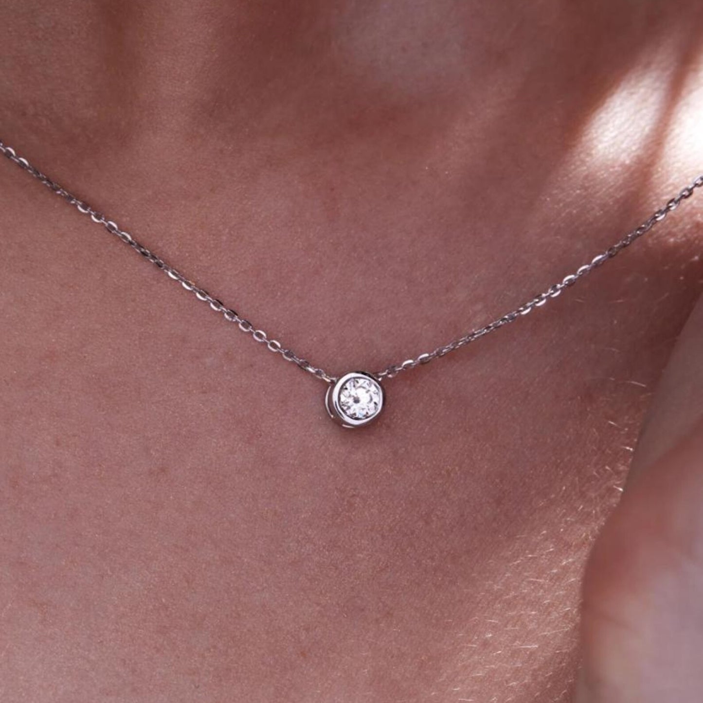 0.50 ct round dainty gold lab diamond bezel necklace ethical minimalist jewelry