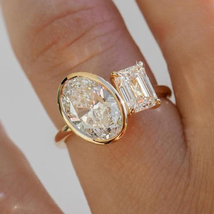 3.50 TCW Bezel Set Oval And Emerald Cut Toi Et Moi Engagement Ring  Two Stone Moissanite Ring  Wedding Ring Double Stone Ring