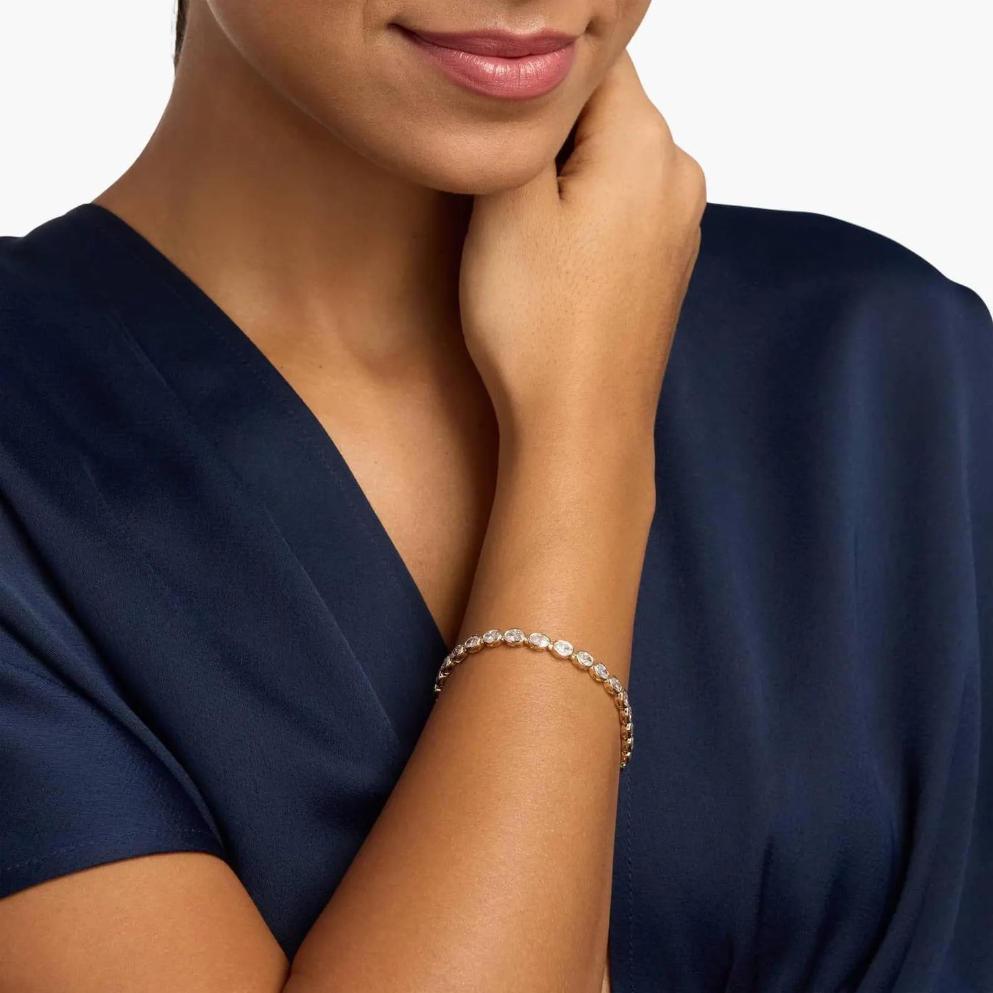 7.80 tcw oval cut moissanite diamond tennis bracelet, with bezel set elegant gold diamond style bracelet