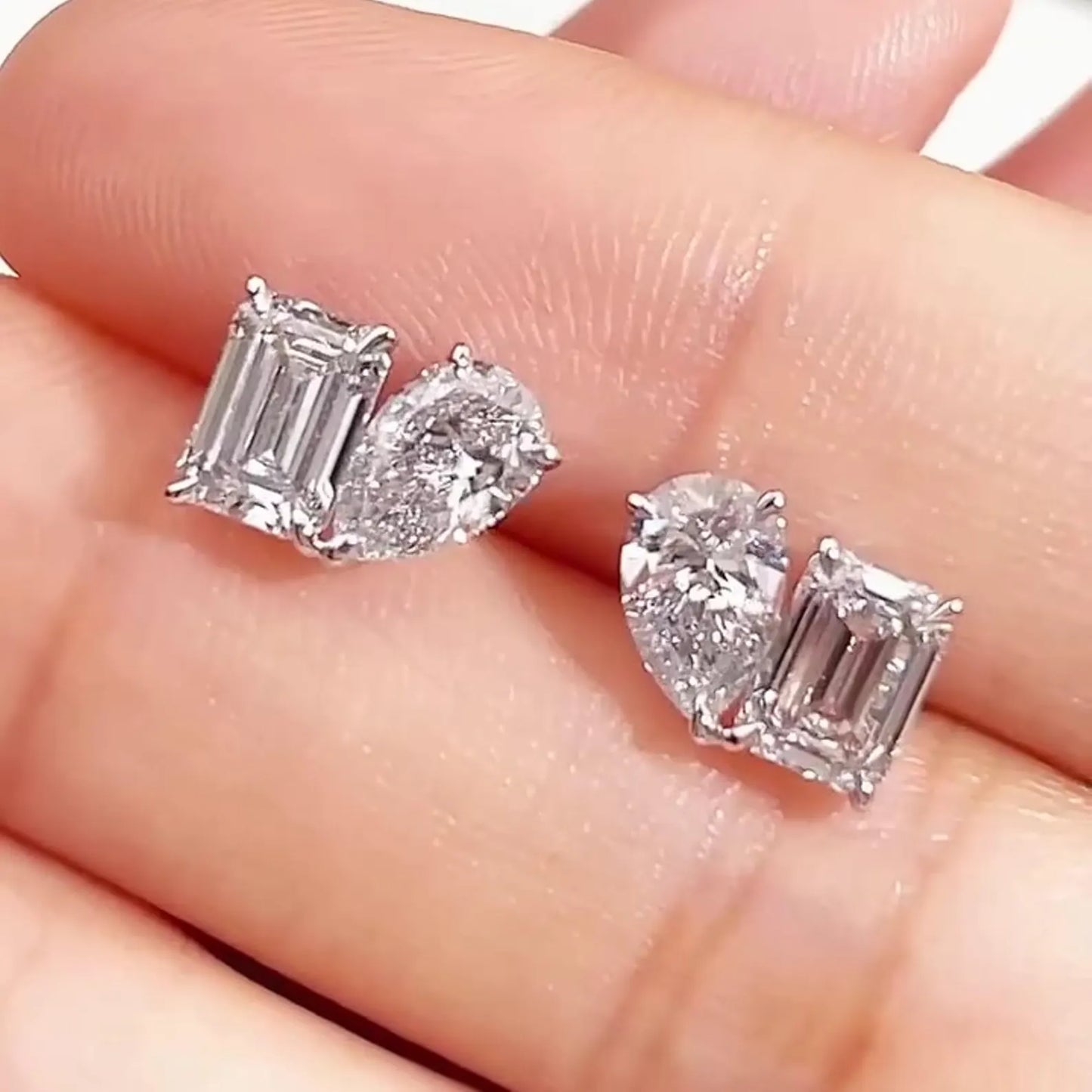 3.00 tcw pear and emerald cut moissanite diamond stud earrings modern minimalist bridal gift