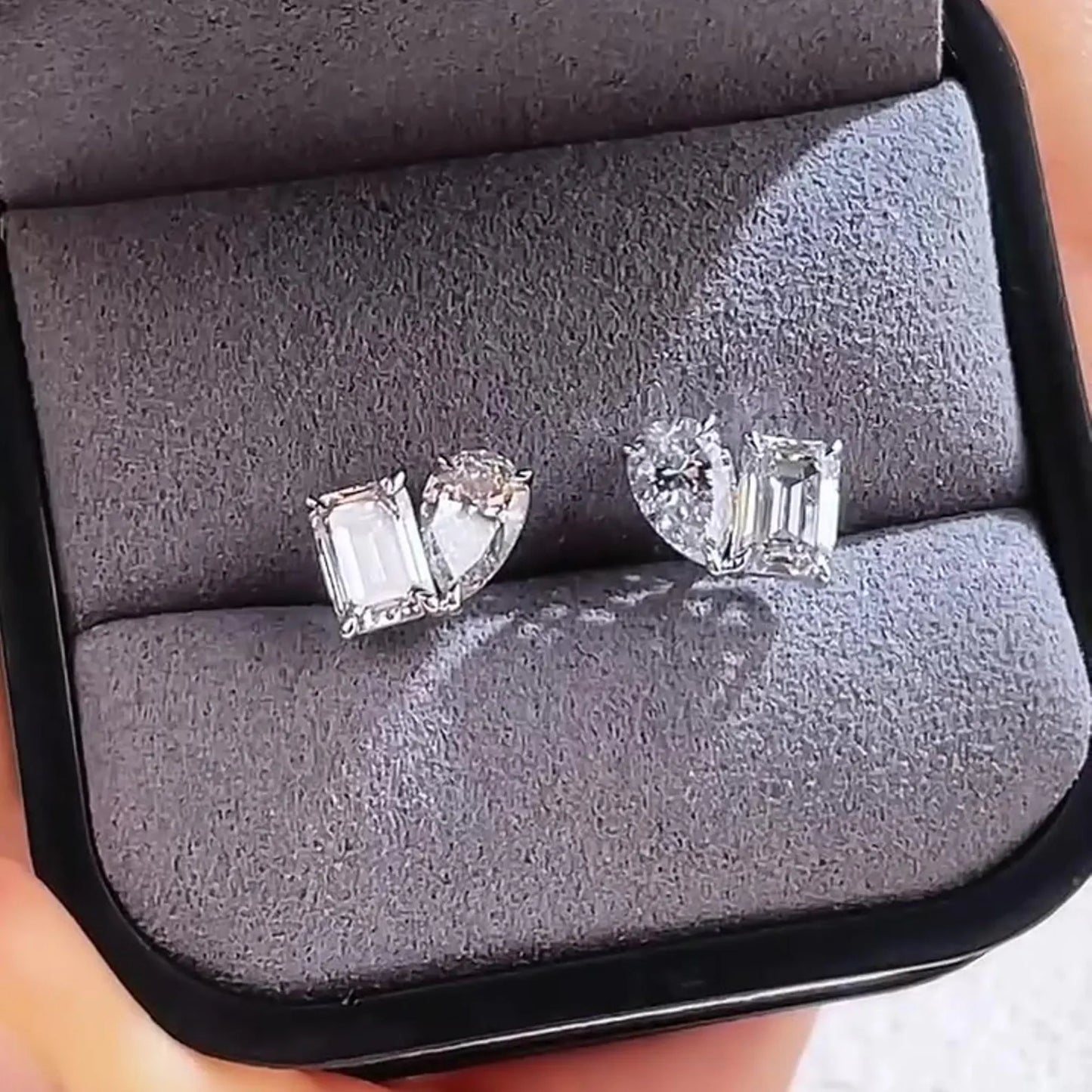 3.00 tcw pear and emerald cut moissanite diamond stud earrings modern minimalist bridal gift