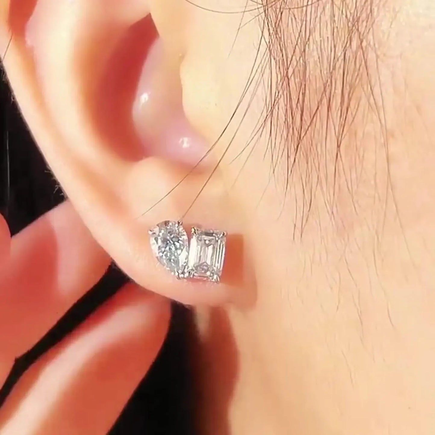 3.00 tcw pear and emerald cut moissanite diamond stud earrings modern minimalist bridal gift