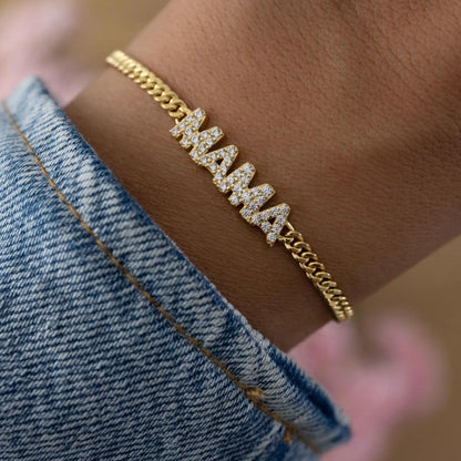 2.10 TCW Lab Grown Diamond Name Bracelet, Gold Plated Cuban Chain Personalized Jewelry Gift