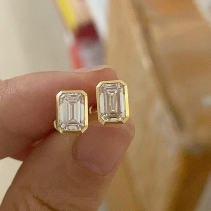 2.00 TCW Emerald Cut Moissanite Diamond Stud Earring Eight With Bezel Set