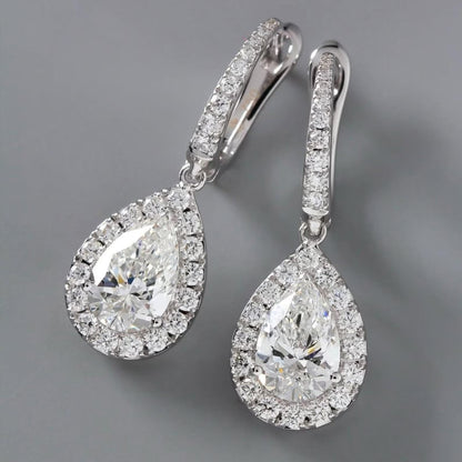 2.00 TCW Pear Cut Lab Grown Diamond Hoop Drop Earring Halo Set Jewellery