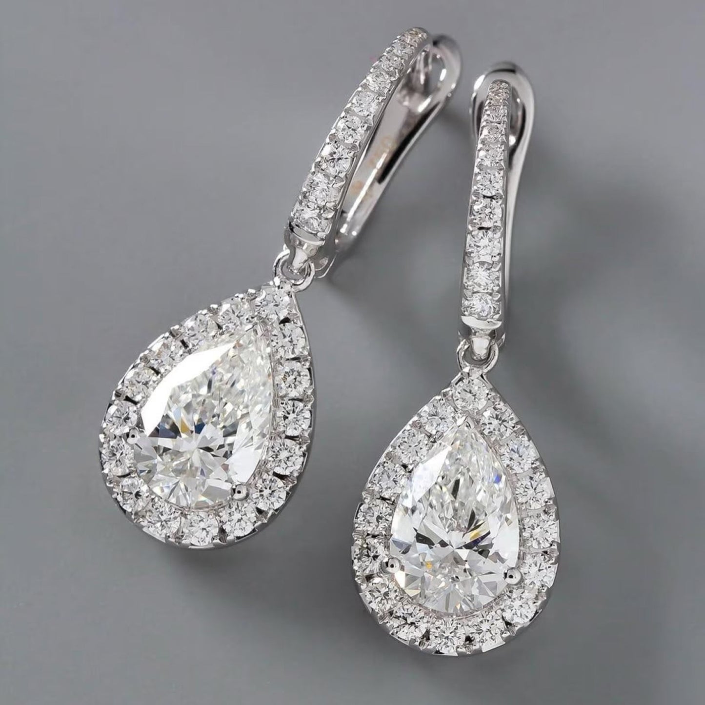 2.00 tcw pear cut moissanite diamond hoop drop earring halo set jewellery