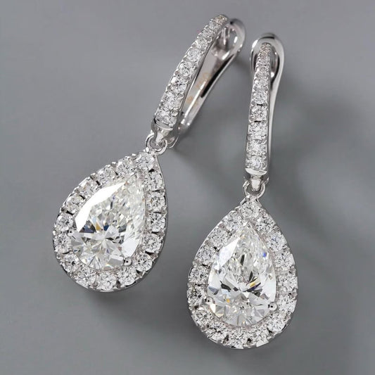 2.00 TCW Pear Cut Moissanite Diamond Hoop Drop Earring Halo Set Jewellery