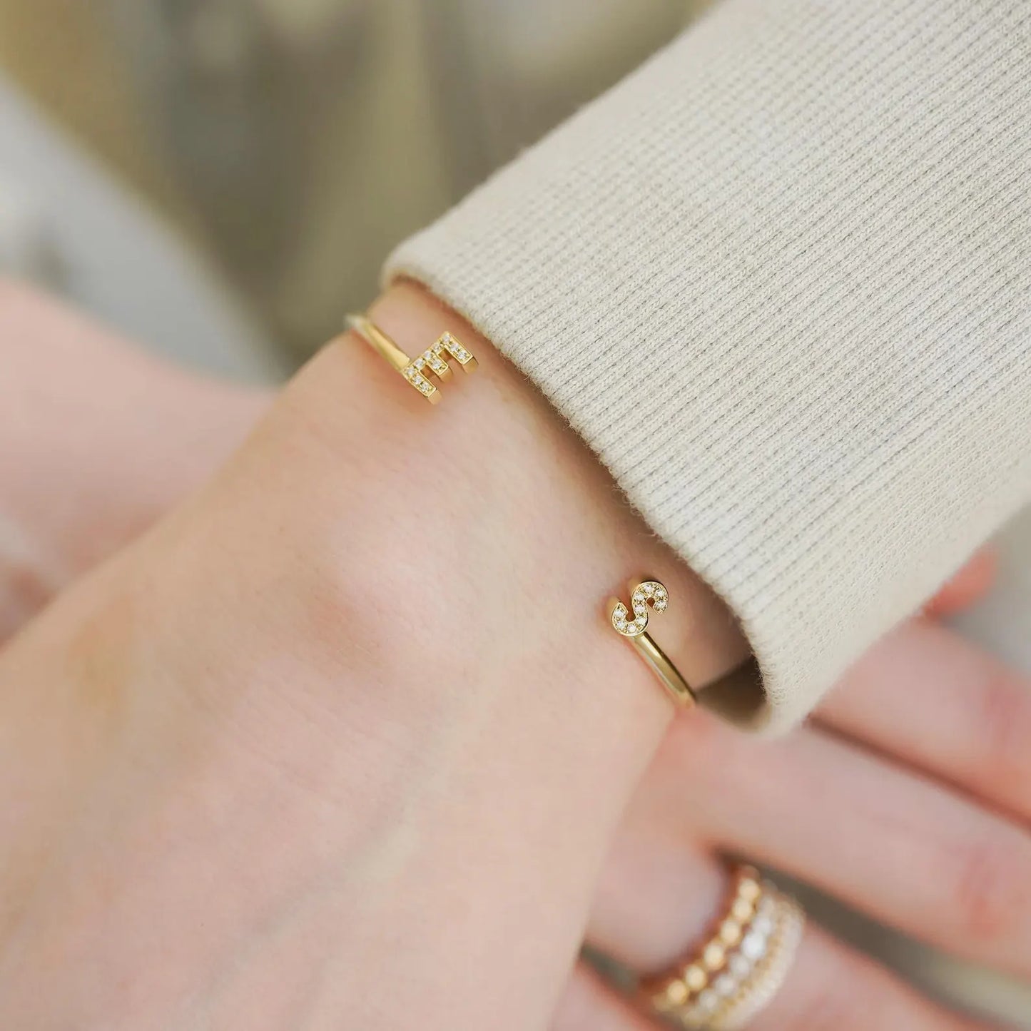 lab grown diamond initial open cuff bracelet, personalized minimal jewelry