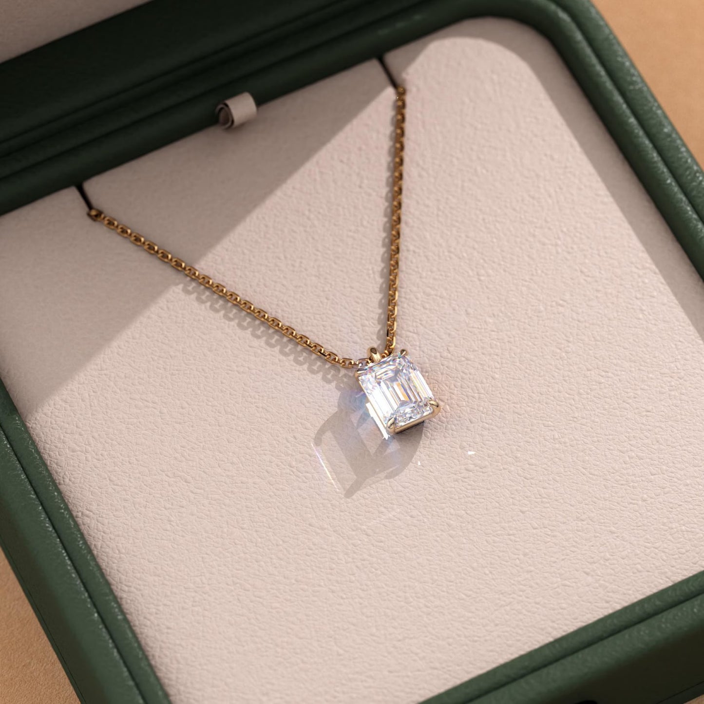 1.00 ct emerald cut moissanite diamond pendant necklace gold solitaire drop, igi certified