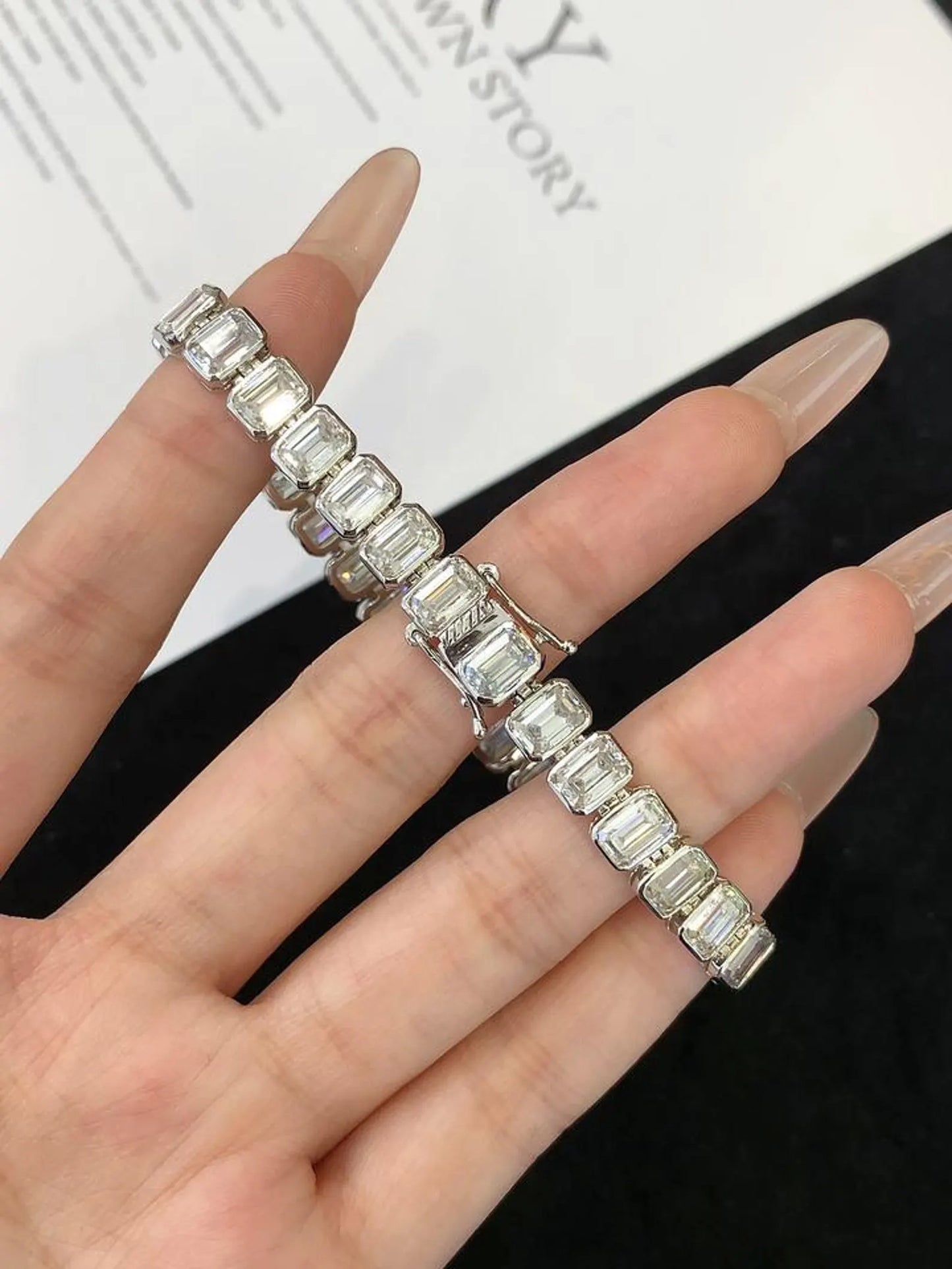 16.40 tcw emerald cut moissanite diamond tennis bracelet, with bezel set gold diamond jewellery