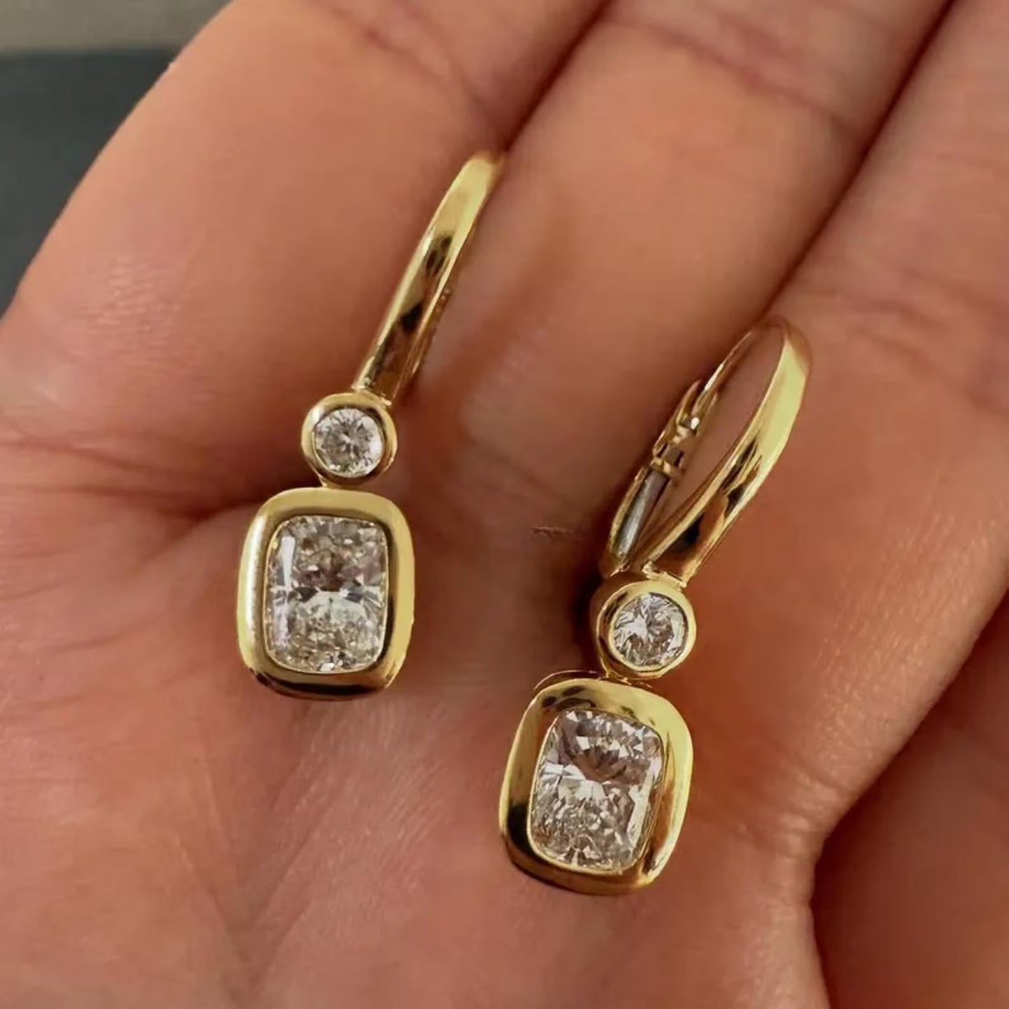 2.40 tcw bezel set  elongated cushion and round cut moissanite diamond dangle hoop earring