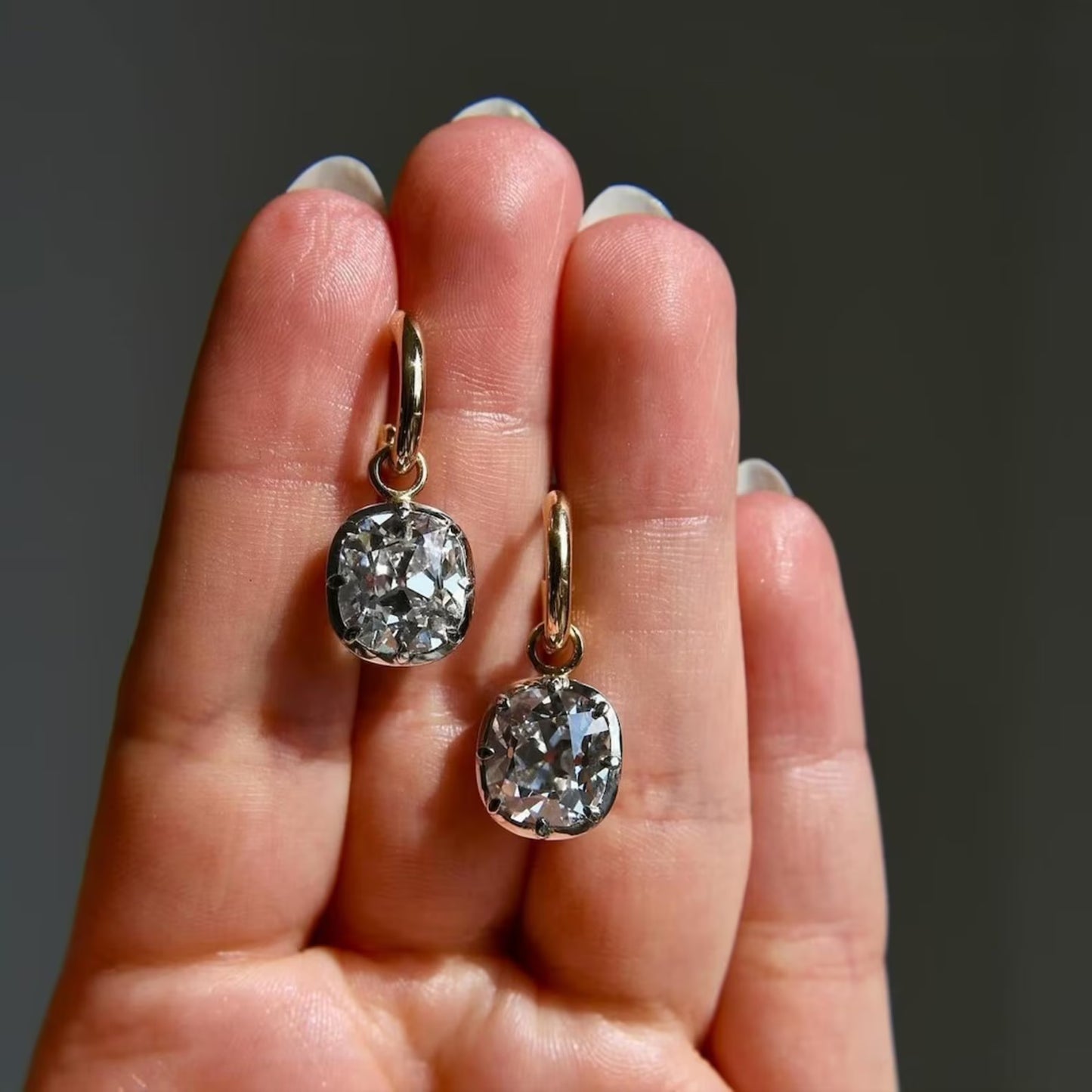 3.00 tcw old mine cushion cut lab grown diamond hoop drop earring bezel and prong dailywear jewellery