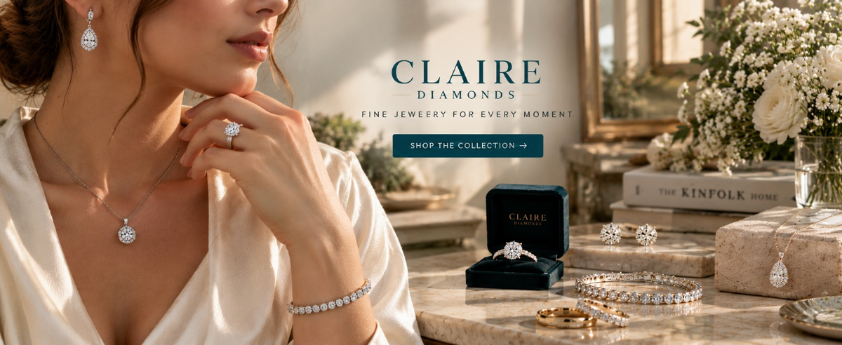 Claire Diamonds - woman wearing lab grown diamond earrings, pendant, ring and tennis bracelet