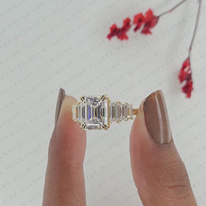 Emerald Cut Lab Grown Diamond Engagement Ring in Yellow Gold |Side Stone Baguette Diamond Wedding Ring | Luxury Anniversary Ring for Women
