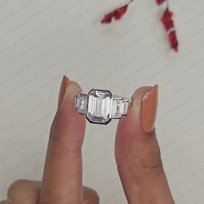 Emerald Cut Three Stone Lab Grown Diamond Engagement Ring Bezel Set Emerald Diamond Ring with Tapered Baguette Side Stones Luxury Bridal Ring