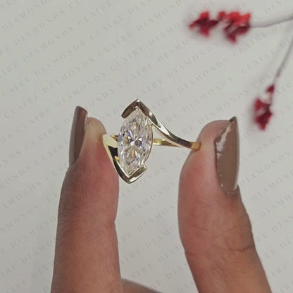 Elegant Marquise Cut Lab Grown Diamond Bypass Engagement Ring in 14K Yellow Gold Modern Solitaire Bridal Ring
