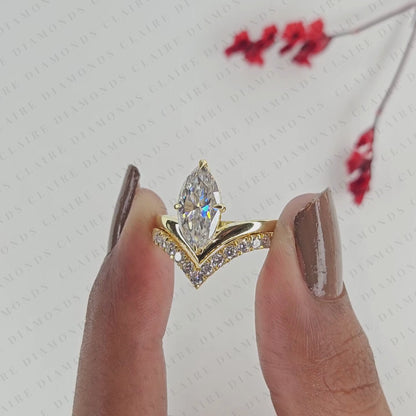 Marquise Cut Lab Grown Diamond Chevron Bridal Ring Set in Gold, Curved Band, Yellow Gold Ring, Engagement Ring for Women