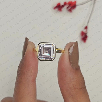 Asscher Cut Lab Grown Diamond Bezel Set Engagement Ring | Modern Solitaire Statement Ring