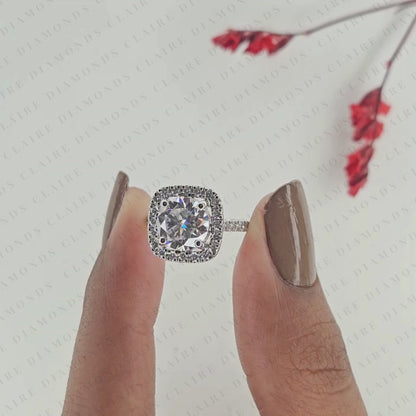 Round Cut Lab Grown Diamond Halo Engagement Ring in White Gold | Vintage Cushion Halo Wedding Ring | Pave Anniversary Ring for Women